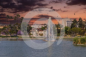 A vast rippling lake with a water fountain and birds in flight surrounded by lush green palm trees and grass with powerful clouds