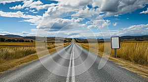 Vast Road Stretching The Horizon Under A Dynamic Sky With A Single Blank Signpost Amidst Fields