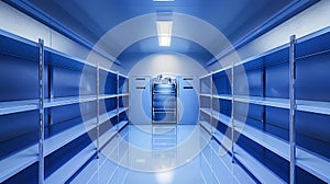 A vast room lined with shelves for storing food in an industrial freezer setting