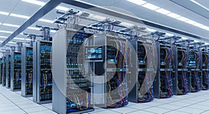 Vast server farm with rows of advanced computing racks and blinking lights