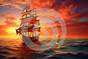 Vast Ship sails ocean sunset. Generate Ai