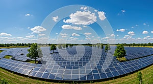 Vast Solar Panel Field Under Blue Sky