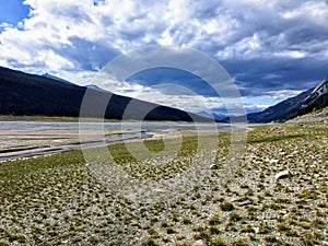 The vast valley caused by the dried out lake bed of Medicine Lake, in Jasper National Park, Alberta, Canada.