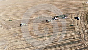 Vast wheat field is getting mechanically harvested in a top view