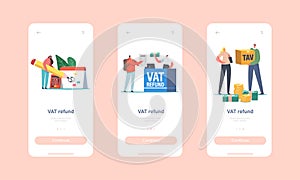 Vat Refund Mobile App Page Onboard Screen Template. Characters at Tax Free Desk in Airport Return Money for Purchasing