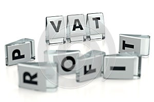 VAT word written on glossy blocks and fallen over blurry blocks with PROFIT letters. Isolated on white. High VAT tax reduces