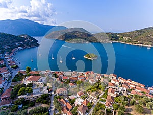 Vathy Ithaka port entrance aerial view