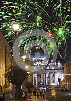 Vatican. Celebratory fireworks over a St Peter`s Square