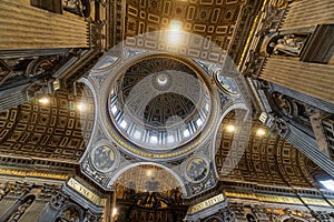 Vatican City, Italy - 10 04 2018: Inside the St Peter`s Basilica or San Pietro in Vatican City, Rome, Italy. Wide angle view of