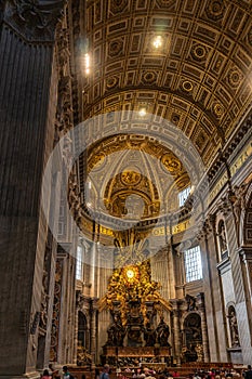 Vatican City, Italy - 10 04 2018: Inside the St Peter`s Basilica or San Pietro in Vatican City, Rome, Italy. Wide angle view of