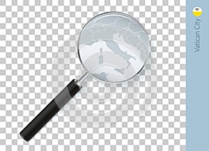 Vatican City map with flag in magnifying glass on transparent background