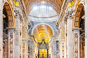 VATICAN CITY - MAY 07, 2019: Ray of light in interior of the Saint Peters Basilica, Vatican in Rome, Italy