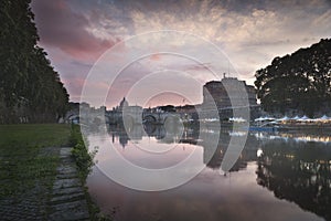 Vatican City, Rome, Italy, Beautiful Vibrant Night image Panorama of St. Peter`s Basilica, Ponte St. Angelo and Tiber River at Dus