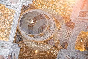 Vatican City, Rome, Italy - February 23, 2019: Interior ceiling of the Basilica of the Holy Apostle Peter in the Vatican