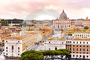 Vatican City with St. Peter`s Basilica. Panoramic skyline view from Castel Sant`Angelo, Rome, Italy