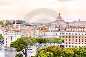 Vatican City with St. Peter`s Basilica. Panoramic skyline view from Castel Sant`Angelo, Rome, Italy