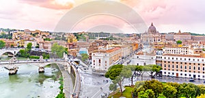 Vatican City with St. Peter`s Basilica. Panoramic skyline view from Castel Sant`Angelo, Rome, Italy