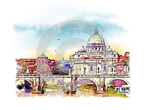 Vatican city, Italy. Watercolor sketch photo