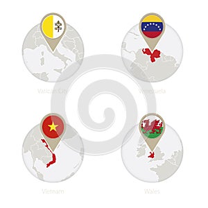 Vatican City, Venezuela, Vietnam, Wales map and flag in circle