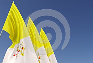 Vatican flag on flagpole on blue background. Place for text. The flag is unfurling in wind. Holy See, Europe. City-state. 3D