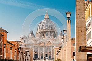 Rome, Italy. St. Peter`s Square With Papal Basilica Of St. Peter In The Vatican