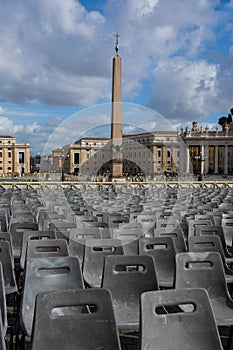 Vatican Obelisk Crowd Chairs Cityscape Rome Italy