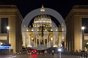 Vatican Rome by night St. Peter`s Basilica and street