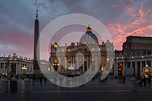 Vatican, Rome, St. Peter`s Basilica at night