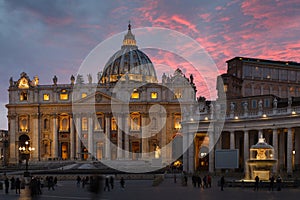 Vatican, Rome, St. Peter`s Basilica at night