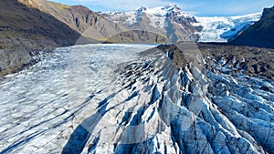 Vatnajokull Glacier in Iceland, Pure Blue Ice Texture at Winter Season, Aerial Top View Landscape.