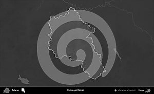 Vaukavysk District highlighted, Belarus. Grayscale