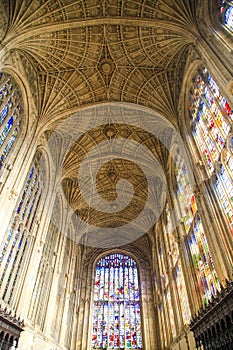 Vault and colorful glasses of Chapel in King`s College in Cambridge University