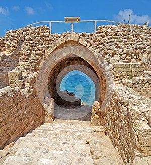 Vault of the gate of the passage to the Crusader fortress in the Apollonia National Park in Israel