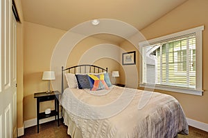 Vaulted ceiling bedroom interior in beige colors