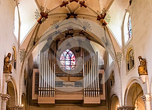 The vaulted ceiling and organ pipes of Saint Kastor\'s basilica in Koblenz Germany