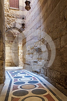 Vaulted passage leading to the Courtyard of Sultan Qalawun mosque with marble floor, Cairo, Egypt photo