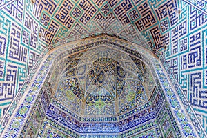 Vaulted portal of Sher Dor Madrasa in Samarkand, Uzbekist