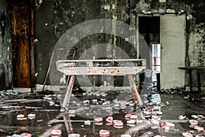 Vaulting buck in abandoned school gym in Pripyat