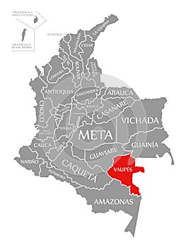 Vaupes red highlighted in map of Colombia photo