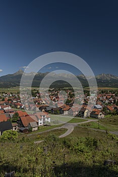Vazec village view with Vysoke Tatry mountains in sunny summer day