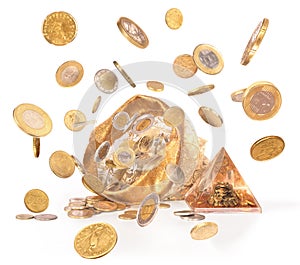 VC Sack full of coins; isolated lucky bag with money for business on the table with piramid and money frog in it
