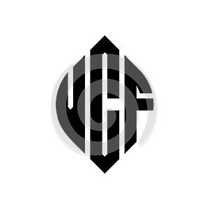 VCF circle letter logo design with circle and ellipse shape. VCF ellipse letters with typographic style. The three initials form a