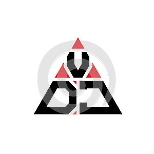 VDJ triangle letter logo design with triangle shape. VDJ triangle logo design monogram. VDJ triangle vector logo template with red