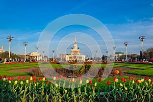 VDNH, Central alley of the Park on a summer evening. Famous flower beds of the exhibition center. Moscow, Russia, may 2019