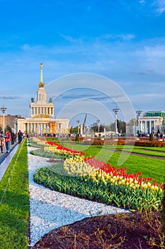 VDNH, Stone flower fountain in the exhibition center on a spring day. Fountain element close-up. Moscow, Russia, may 2019