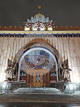 VDNH Ukrain Pavilion by night, Moscow, Russia