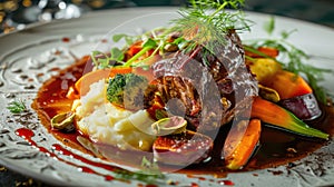 Veal Cheeks and Baked Vegetables, Demi Glace Sauce, Mashed Potatoes, Fried Beef