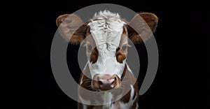 Veal cow farm animal face portrait on black background