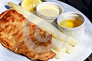 Veal escalope with fresh asparagus, hollandaise sauce and liquid butter