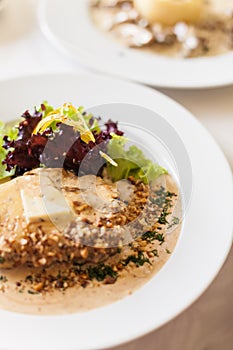 Veal fillet with a creamy souce made of Dorblu cheese and walnut